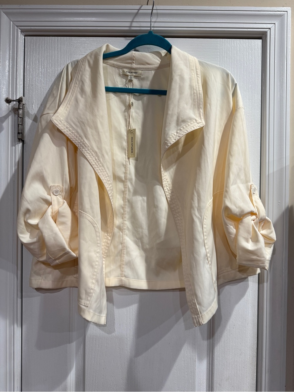 Max Studio Cream Open-Front Roll-Sleeve Jacket
